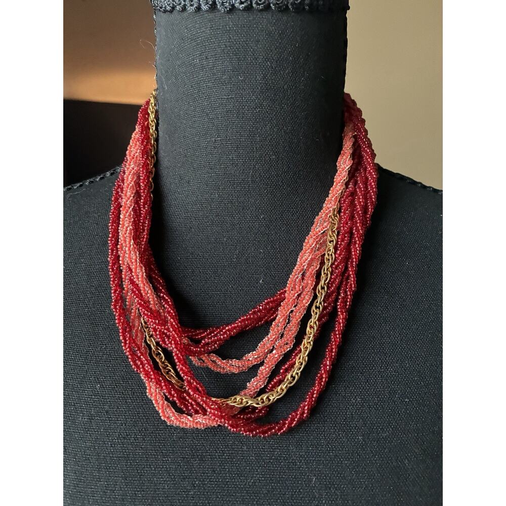 Vintage Japanese Red Glass Beaded Multi Strand Necklace With Gold Tone Chain ￼